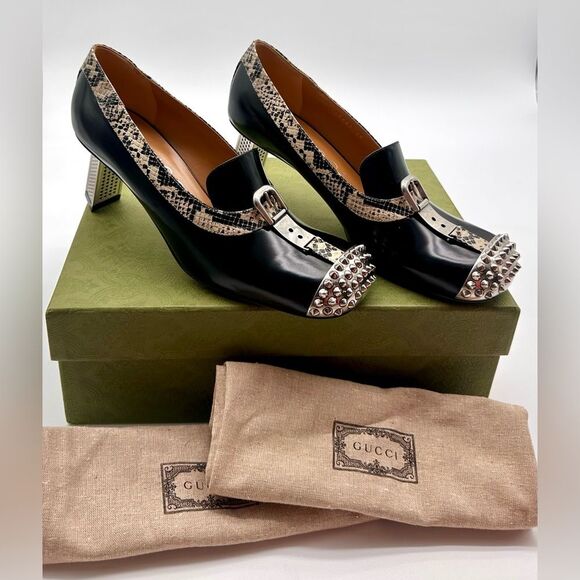 Gucci Spice Lux Python Avana Black and Silver Spiked Metal Heel Pumps EU 39 US9 - Picture 2 of 14